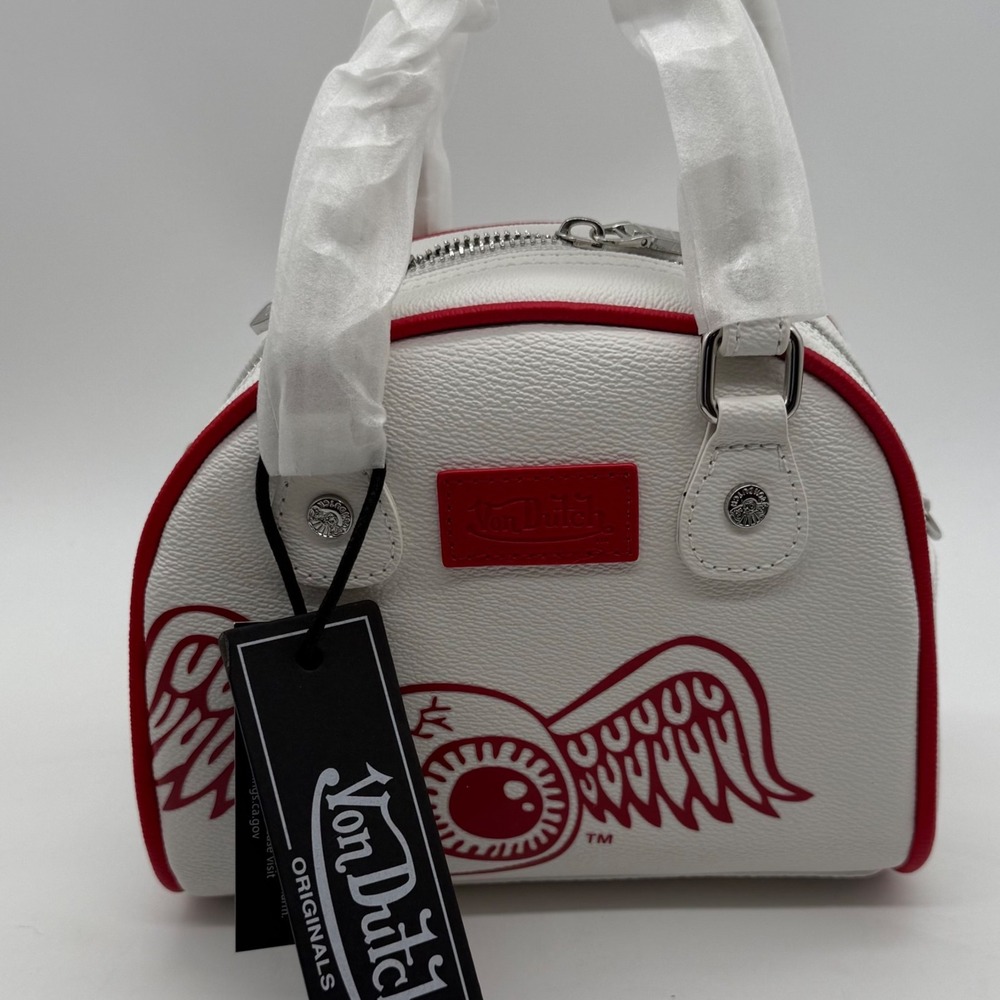 Von Dutch Originals Mini Duffle Bag White Red Eye Wing Logo Handbag NWT $149‎